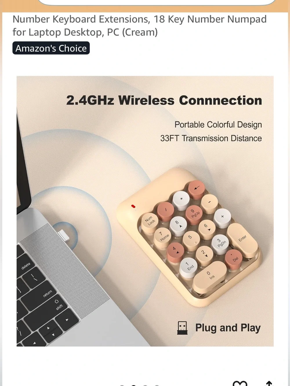 Wireless Numeric Keypad in Cream and Coral — Compact USB Numpad